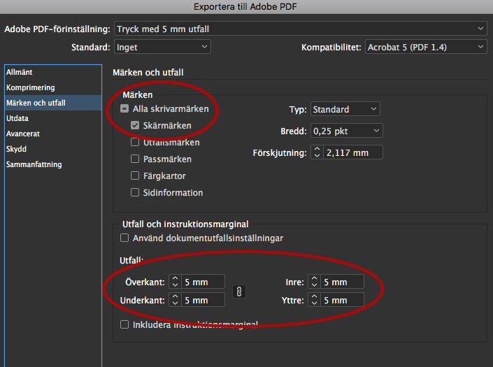 Skärmdump med nödvändiga inställningar i Acrobat markerade med röda ringar. 